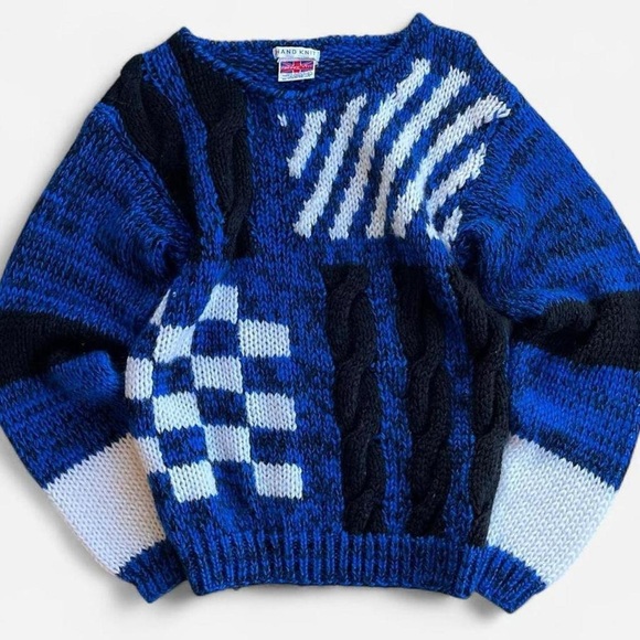 Cherry Stix Sweaters - Vintage Cherry Stix Hand Knit Blue Black White Geometric Checkered Sweater